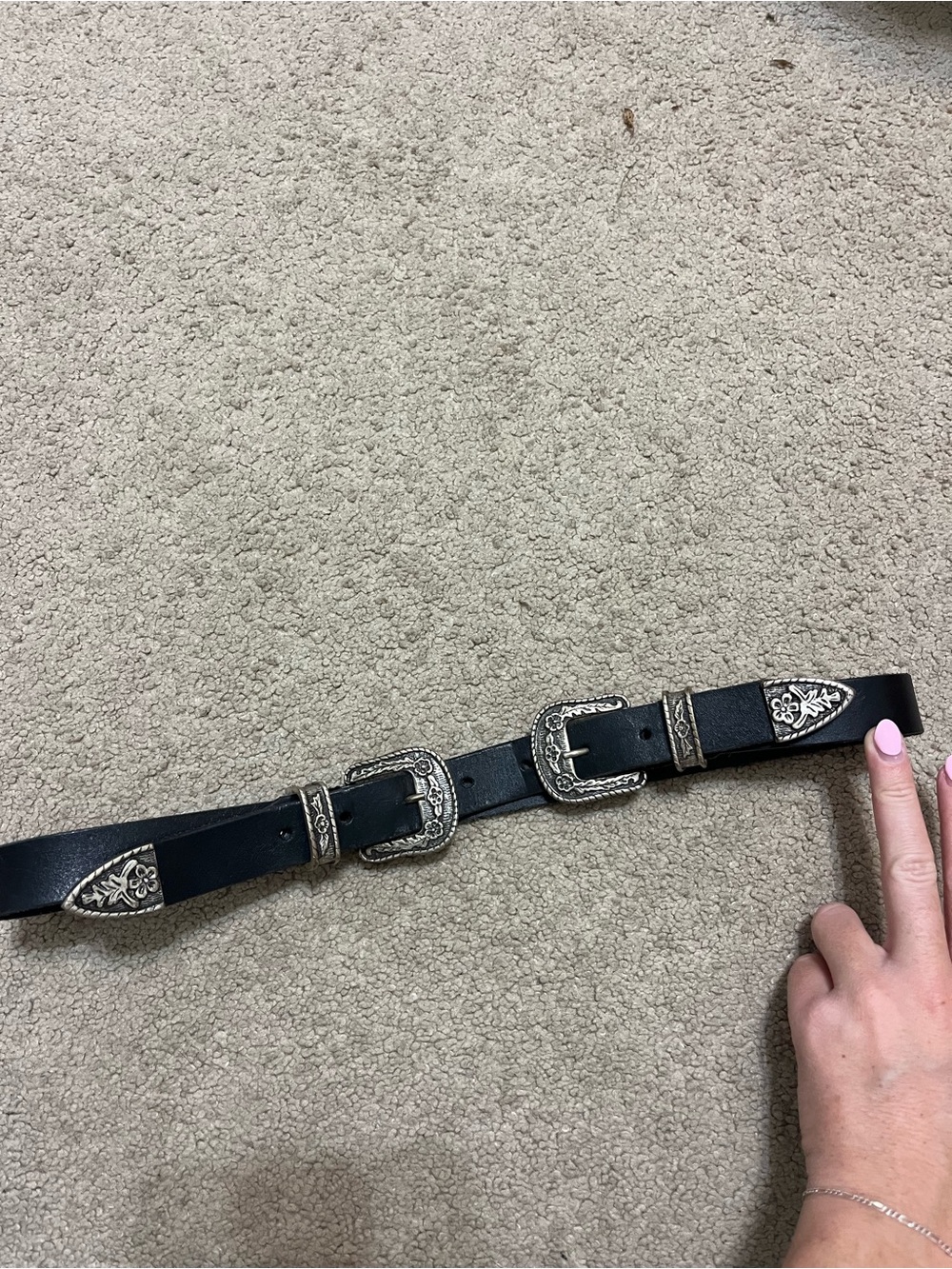 Italian-Made Black Leather Double Buckle Belt with Silver-Tone Accents